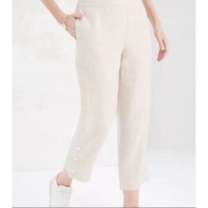 Chico’s Linen Elastic Pull On Button Hem Crop Pants in Natural. Size 4/Chicos 0.